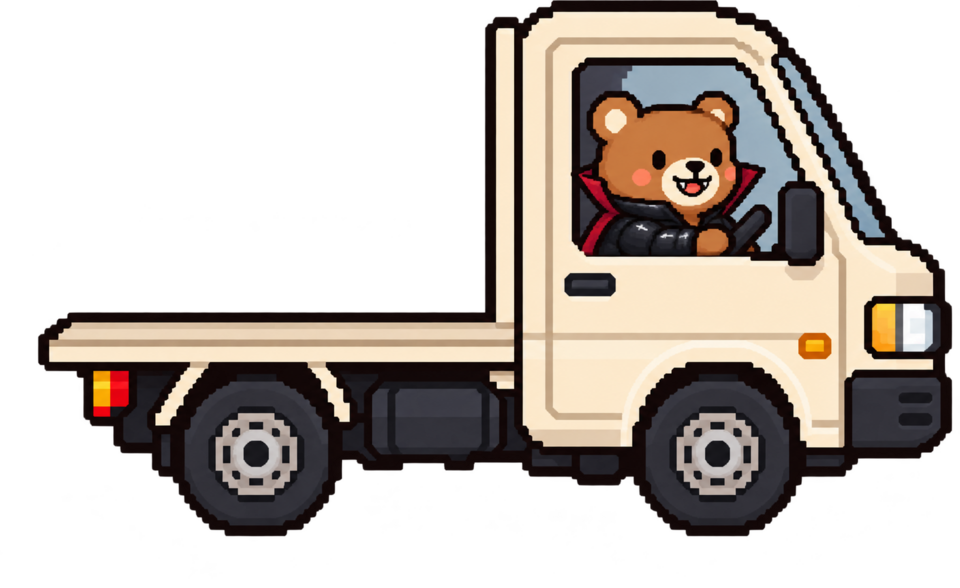 Petit ours vampire en Super Puff au volant d’un camion à plateforme